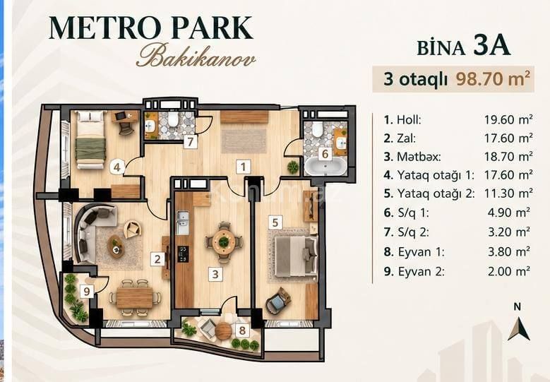3 Комнаты, 98,7 м², 7/14 этаж - Баку, Сабунчу - продаётся — фото 2